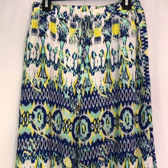 BEBE WOMEN BOHEMIAN Wide Leg Drawstring Waist Blue/ White/ Yellow pant Size M - Picture 3 of 12